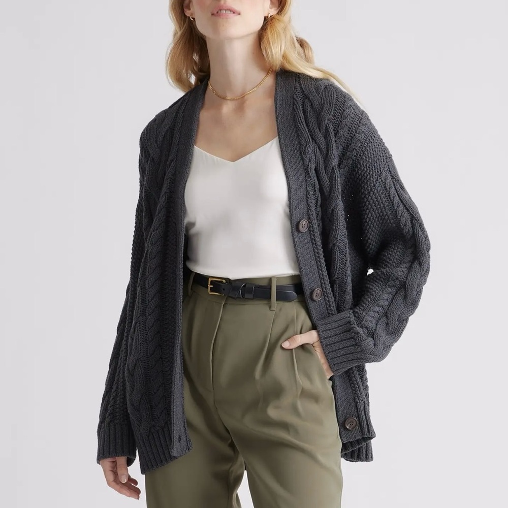 Quince Oversized Charcoal Cable Knit Cardigan